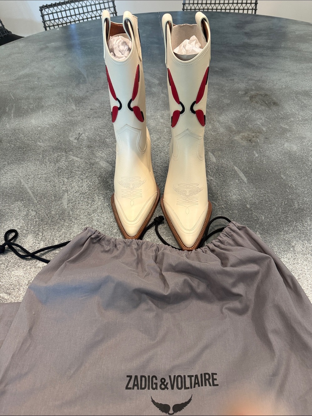 Zadig & Voltaire Cream Western Boots with Red Accents